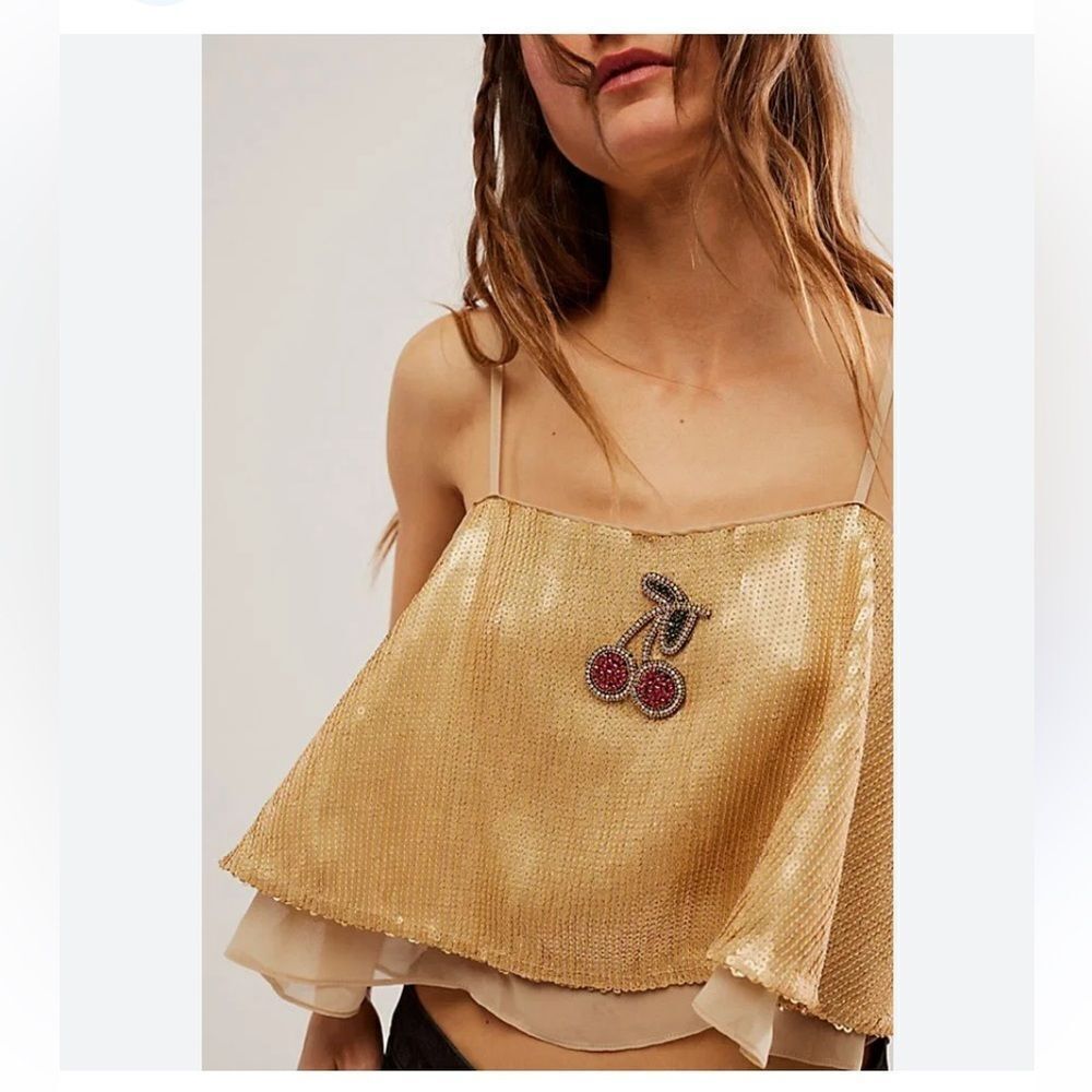 FREE PEOPLE Fruit Punch Sequin Top size Large with Gold & Cherry 🍒 Sequins